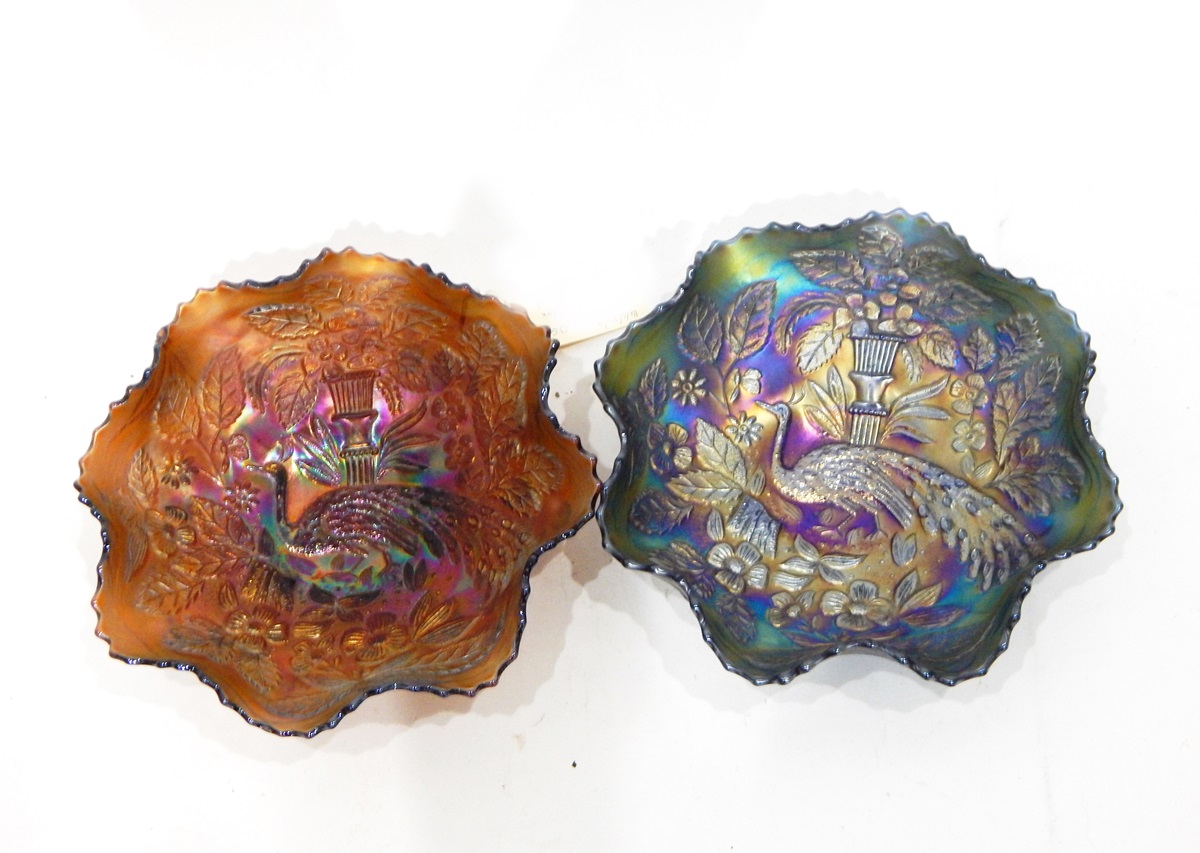 Three carnival glass dishes by Fenton, decorated with the 'Peacock and Urn' pattern (one amethyst, - Image 5 of 7