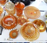 Marigold pressed glass and marigold carnival glass including comport, celery vase, jug,