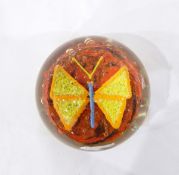 Glass paperweight, of circular form with central butterfly decoration,