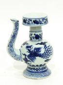 Ming-style blue and white ewer of unusual design in underglaze blue, clouds and flying dragons,