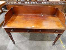 Victorian mahogany washstand with shaped three-quarter gallery, fitted two drawers to frieze,