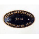 Beyer, Peacock & Co Ltd locomotive plate, 7018 Manchester 1941 of oval form,