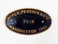 Beyer, Peacock & Co Ltd locomotive plate, 7018 Manchester 1941 of oval form,