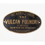 Vulcan Foundry locomotive plate Newton-le-Willows, Lancaster, no.