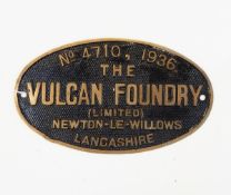 Vulcan Foundry locomotive plate Newton-le-Willows, Lancaster, no.