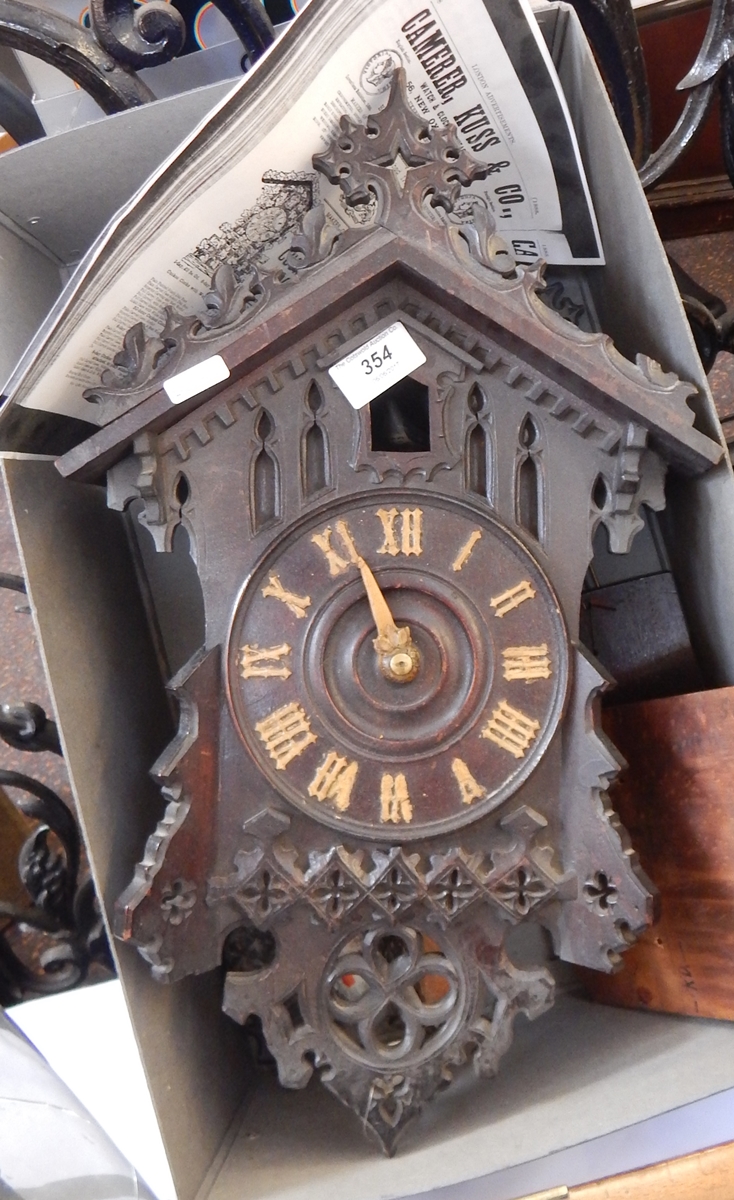 Camerer Kuss & Co cuckoo clock with ornate scroll top and pierced base (damaged)