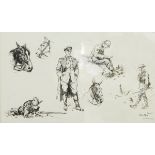After Planche Print Sketches of WWI army officers and horses,