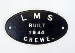 LMS locomotive plate 'Built 1944 Crewe', of oval form,