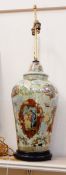 Decalcomania vase, baluster shape, decorated with figures in rococo cartouches, lamp,