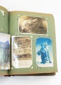 Postcard album and contents including comical, topographical and portrait postcards,