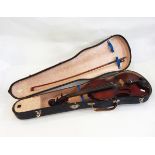 Cased French violin, one piece back, with internal label 'Medio-Fino' with bow,