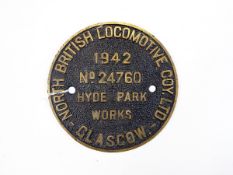 North British Locomotive Coy. Ltd. Glasgow locomotive plate 1942, no.