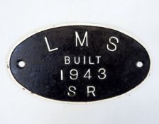 LMS locomotive plate 'Built 1943 SR', of oval form,