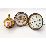 Brass clock movement by H J & Co, Paris, four other circular clock movements, pendulums,