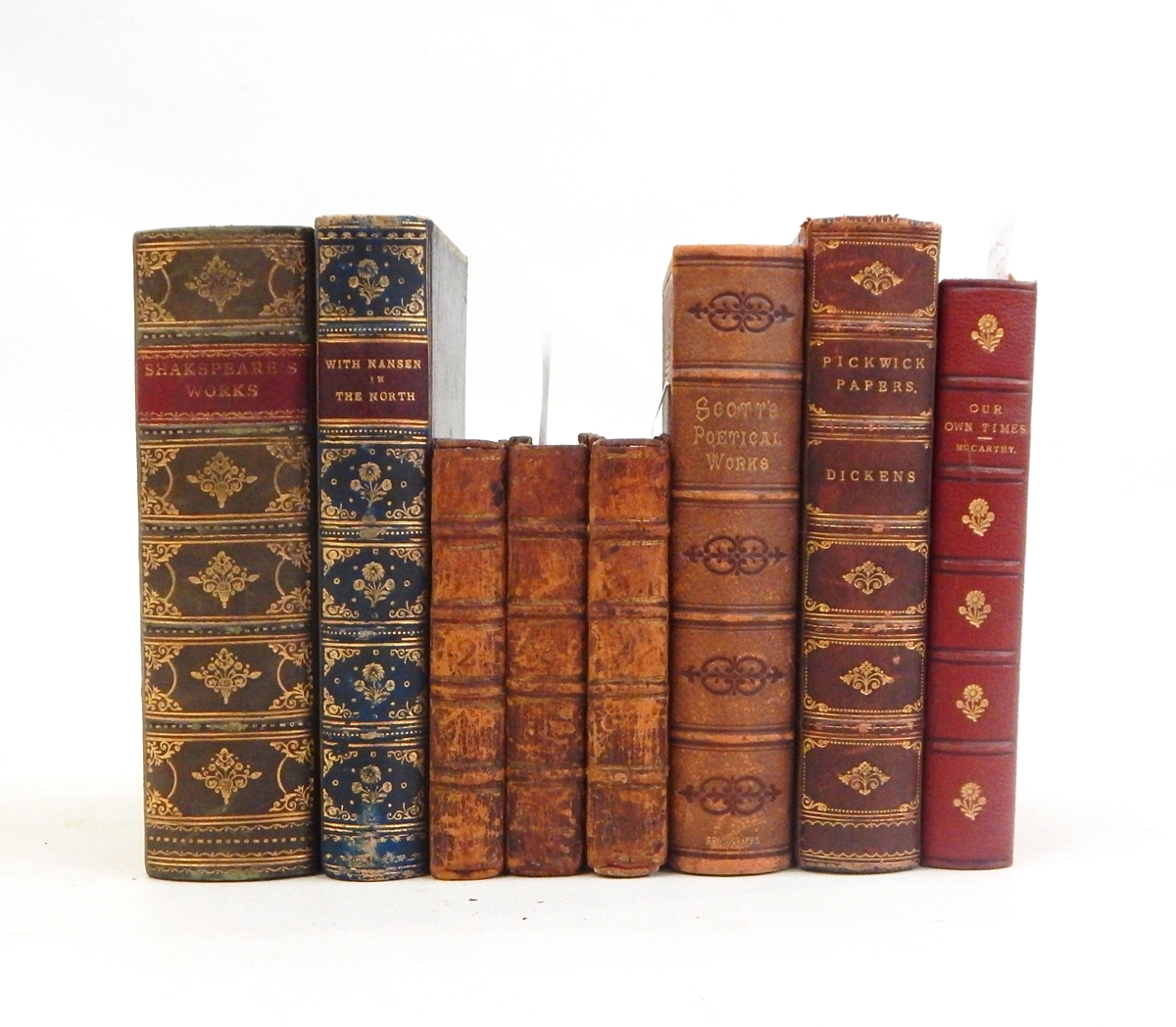 Fine bindings including:- Dickens "Pickwick Papers" Johansen, Hjalmar "With Nansen in the North,