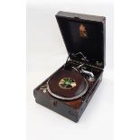 HMV portable gramophone with chrome and bakelite fittings,