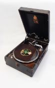 HMV portable gramophone with chrome and bakelite fittings,