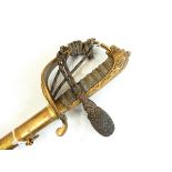 Naval officer's sword with engraved blade, shagreen hilt and leather scabbard,