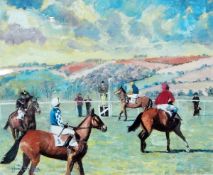 After Mark Brazie (20th century) Colour print Horses and jockeys at the start of a race,