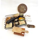 Assorted collectables including a metal fireplate, Milners' patent, spectacles,