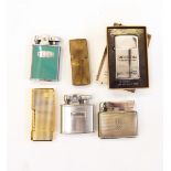 Duplex lighter, a Ronson chrome lighter inscribed 'Bulmer's', two further Ronson lighters,