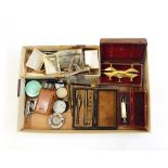 Brass depthing tool, cased and numbered '97' to the lid, three boxes of small watchmaker's tools,