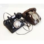 Vintage black bakelite GPO telephone and another brown plastic telephone with spin dial (2)