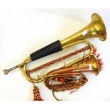 Regimental copper and brass bugle for the Royal Welsh Fusiliers and a French brass cavalry trumpet