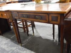 Sheraton style mahogany and satinwood crossbanded side table, with curl veneers to top,