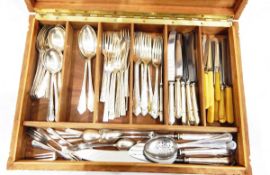 Wooden cutlery box and contents of silver plated flatware including a part Dubarry pattern set,