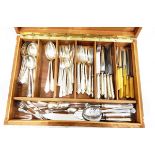 Wooden cutlery box and contents of silver plated flatware including a part Dubarry pattern set,