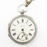 Silver-cased gentleman's large open-faced pocket watch with enamel dial,