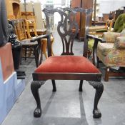 Chippendale-style mahogany open armchair with entwined pierced splat back, upholstered drop-in seat,