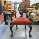 Chippendale-style mahogany open armchair with entwined pierced splat back, upholstered drop-in seat,