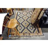 Woven geometric patterned and bordered fringed cotton Kelim rug,