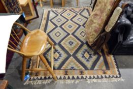 Woven geometric patterned and bordered fringed cotton Kelim rug,