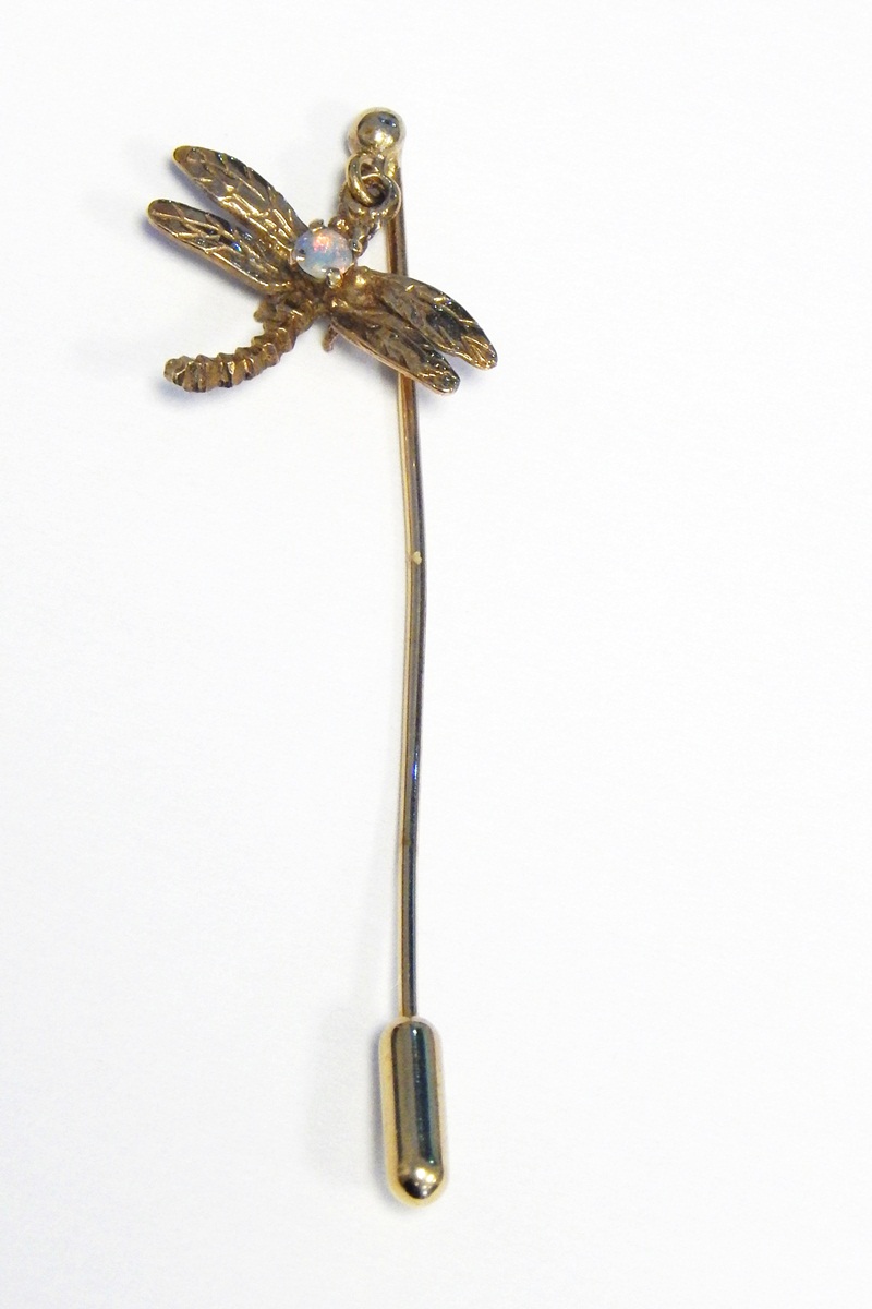 9ct gold and opal stick pin having pendant dragonfly set single tiny opal