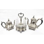 Victorian four-piece silver-plated teaset by Howes of bulbous form decorated with floral decoration,