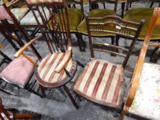 Edwardian mahogany framed chair with padded crest rail, pierced splat and spindle back, open arms,