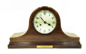 Mahogany cased mantel clock with silvered dial and striking movement,