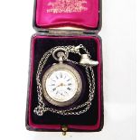 Lady's silver open-faced pocket watch with foliate engraving,