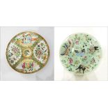 Chinese Canton porcelain circular plaque with alternating panels of figures, butterflies,