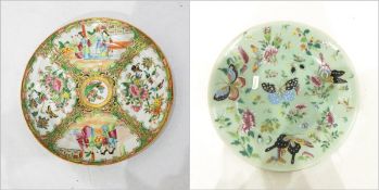 Chinese Canton porcelain circular plaque with alternating panels of figures, butterflies,