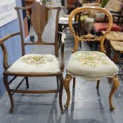 Edwardian inlaid mahogany elbow chair with woolwork embroidered seat and a Victorian balloon back