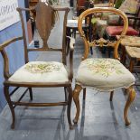 Edwardian inlaid mahogany elbow chair with woolwork embroidered seat and a Victorian balloon back