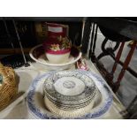 Victorian part toilet set, large blue and white meat dish, sundry Victorian dinner plates, etc.
