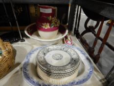Victorian part toilet set, large blue and white meat dish, sundry Victorian dinner plates, etc.
