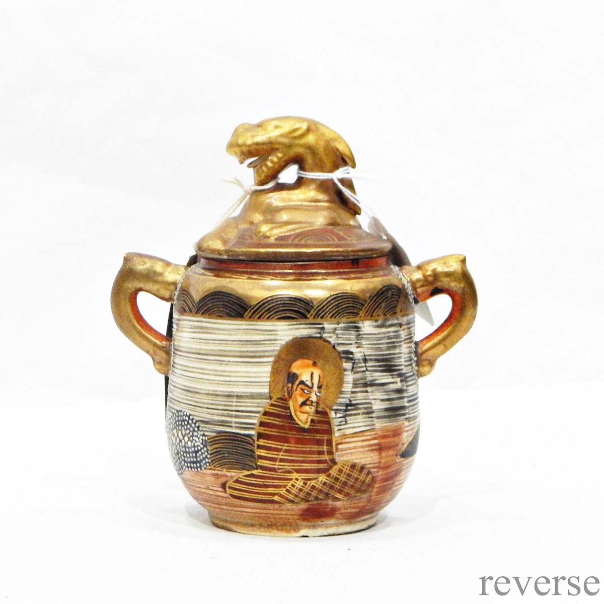Japanese Satsuma two-handled lidded vase decorated with immortals and embossed with lizard, - Image 3 of 6