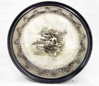 Silver-coloured metal relief plaque with classical maiden, 56cm diameter,