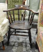 Pair of late 19th century stained beech and elm seated mahogany smoker's chairs with turned